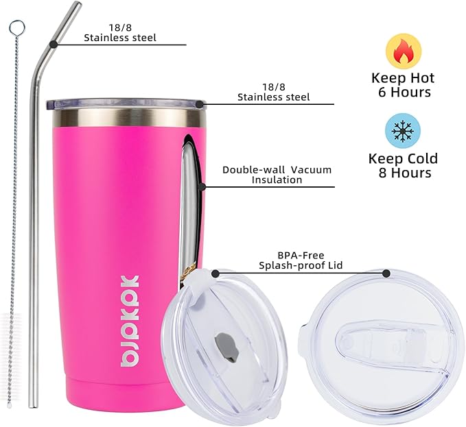 BJPKPK 20oz Stainless Steel Tumbler with Lid, Double Wall Vacuum Coffee Cup, Travel Mug for Ice Drink and Hot Beverage, Insulation Travel Tumbler Cup with Straws,Pink - Bloomnest