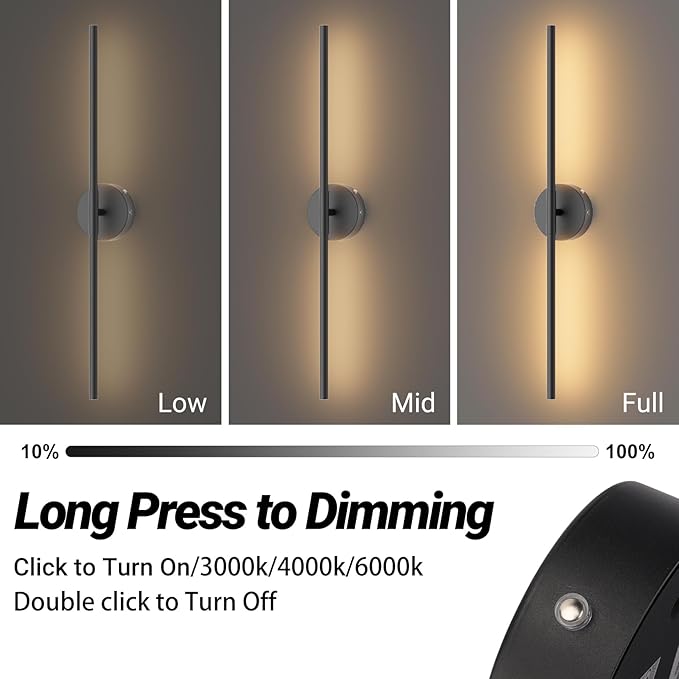Tipace Battery Operated Wall Sconce with Remote Control,Wall Sconces Set of Two,3000K-6000K LED Wall Light for Bedroom,Hallway,Background Wall,350°Rotate,28 Inch,Black(2 Pack) - Bloomnest