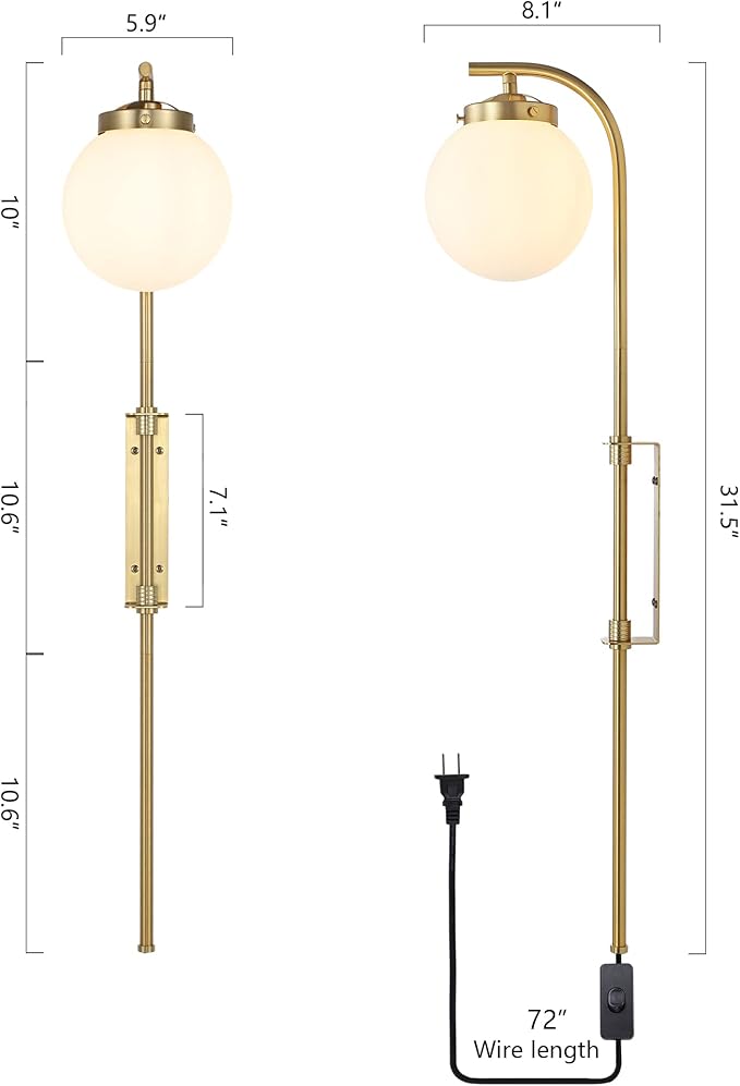 ELEHINSER Gold Wall Sconces Set of 2 with Globe Shade, Modern Indoor Plug in Wall Lamps with Switch, Angle Adjustable Light for Bedroom Living Room Study Hallway Bedside - Bloomnest