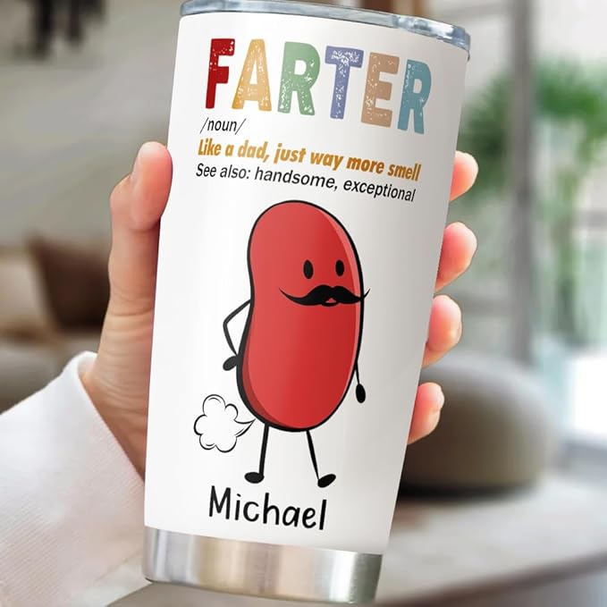 Funny Custom Farter Tumbler for Dad, 20oz or 30oz Stainless Steel Insulated Mug, Personalized Gift from Kids, Joke Travel Cup with Name and Cartoon Beans, Father’s Day or Birthday Gag Gift - Bloomnest
