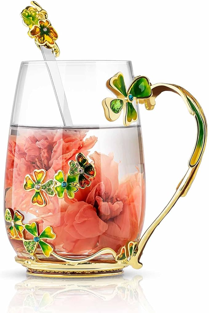 Luka Tech four-leaf clover flower Glass Coffee Mugs Tea Cup with Spoon, Unique Gifts For Women Wife Mom Friends Birthday Mothers Valentines Day Christmas (Green) - Bloomnest