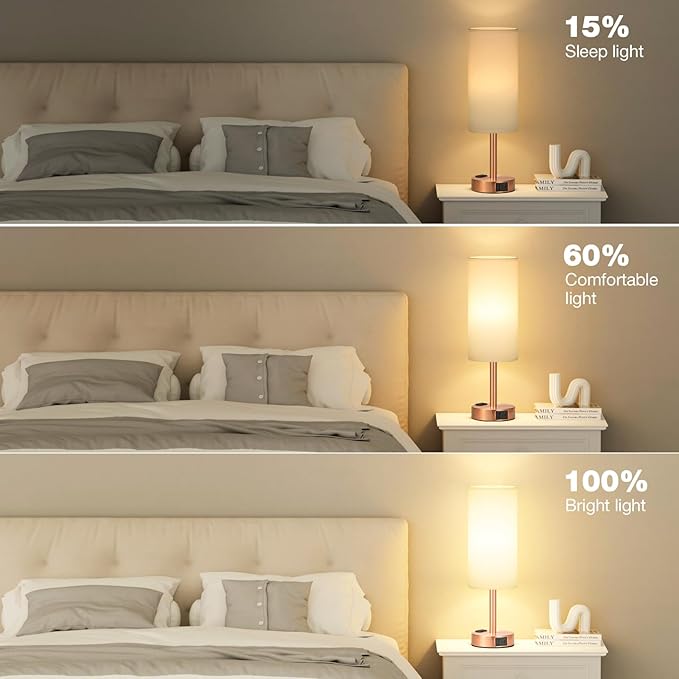 Fenmzee Bronze Nightstand Bedroom Lamp - 3 Way Dimmable Bedside Lamp USB C A Charging Ports and AC Outlet, Small Table Lamp White Linen Lampshade for Desk, LED Bulb Included - Bloomnest