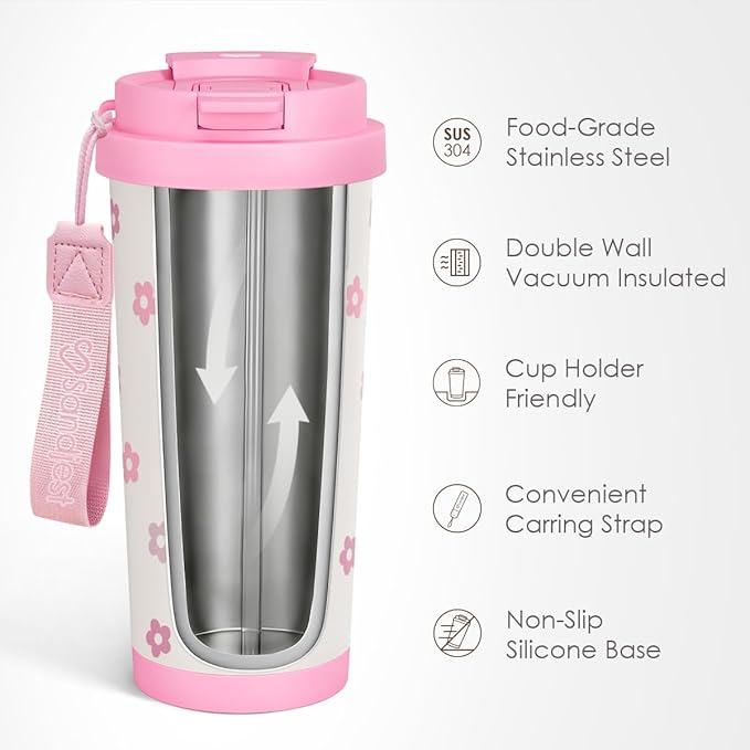 Floral Tumbler - Stainless Steel 2-in-1 Lid Coffee Tumbler 18 oz, Insulated Travel Mug Gift for Women Girls Teen, Birthday Christmas - Bloomnest