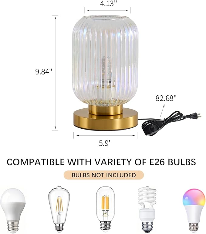 Dimmable Colorful Glass Table Lamp: Mid Century Modern Nightstand Light With Stained Shade - Small Decorative Brass Desk Lamp - Ribbed Glass Bedside Tables Lamps for Bedroom Living Room Bulb Excluded - Bloomnest