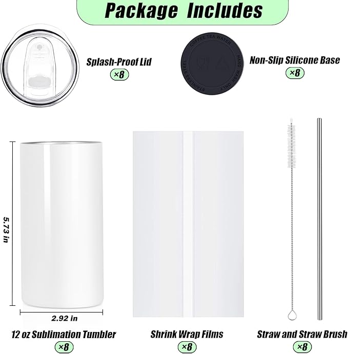 12 Oz Sublimation Tumblers Blanks Bulk, Double Wall Insulated Sublimation Mugs with Straw and Brush, Individually Boxed (8 Pack) - Bloomnest