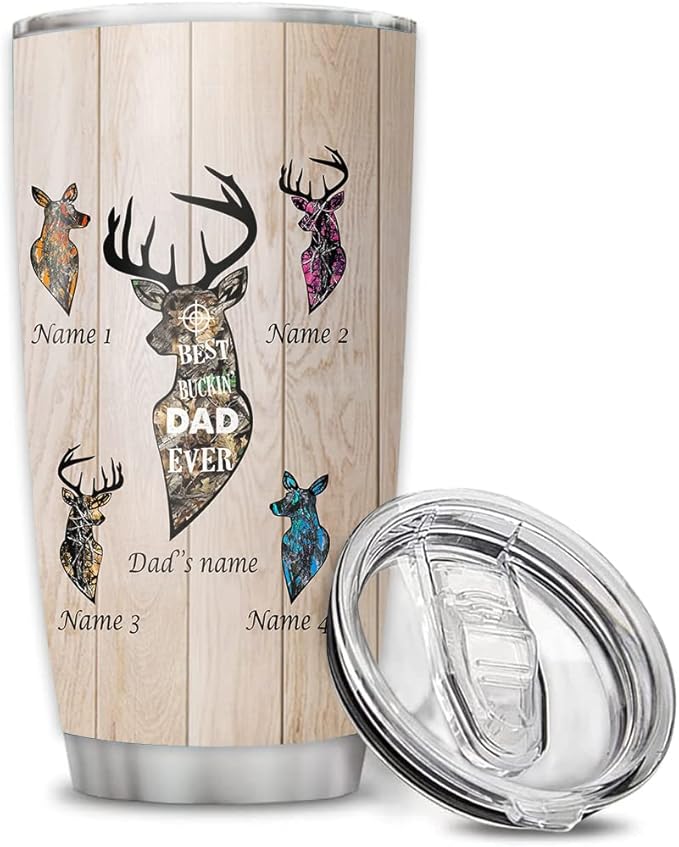 Custom Best Buckin' Dad Ever Deer Hunting Father Personalized Tumbler Cup Father's Day Gift, Gift For Hunting Dad, Dad, Father, Papa, Grandpa 20oz Insulated Coffee/Tea Tumbler with Lid - Bloomnest