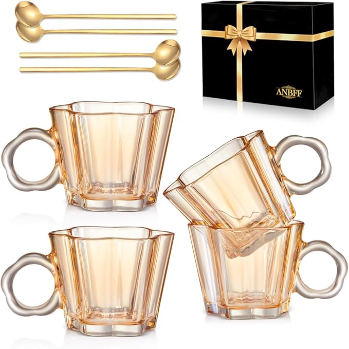 Vintage Glass Coffee Mugs Set of 4, 11oz Creative Flower Glass Coffee Cups with Spoons - Cute Tea Cups with Handle, Art Glassware, Unique Birthday Gifts - Bloomnest