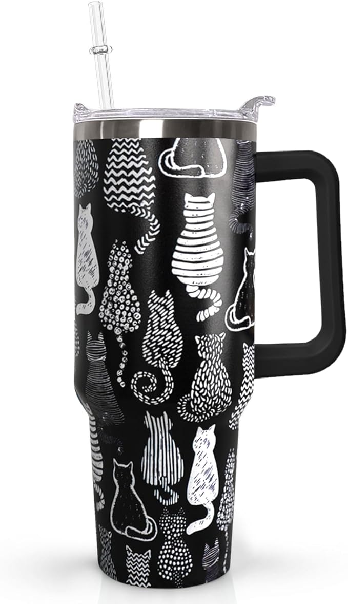 40 Oz Black Cat Coffee Travel Mug Cup Water BottleTumbler With Handle,Cat Decor,Black Cat Gifts for Women - Bloomnest