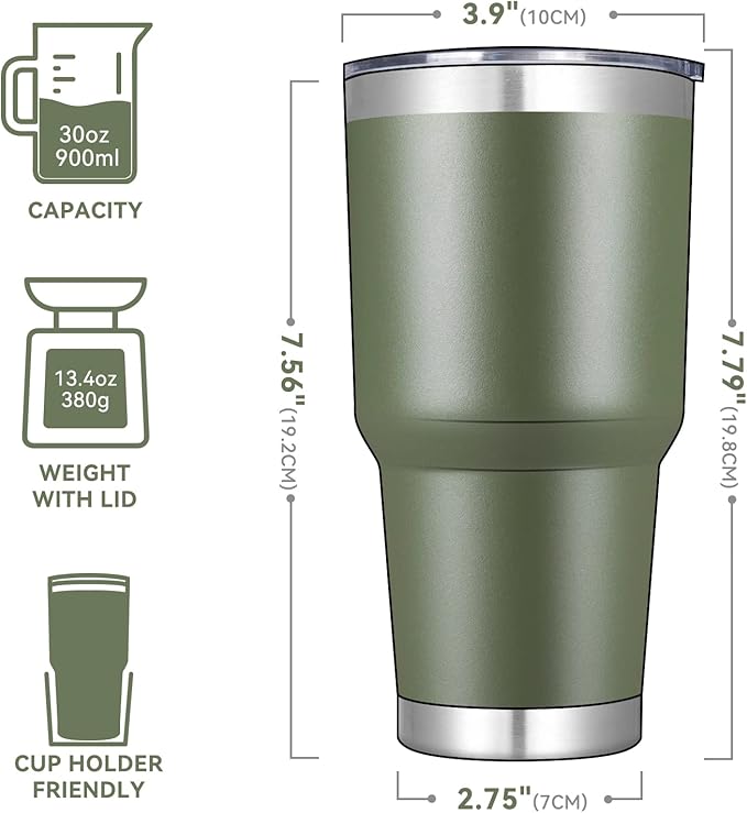 DOMICARE 30 oz Tumbler with Lid and Straw, Stainless Steel Tumblers Bulk, Insulated Vacuum Double Wall Travel Coffee Mug, Durable Powder Coated Tumbler Cups (Army Green, 12)