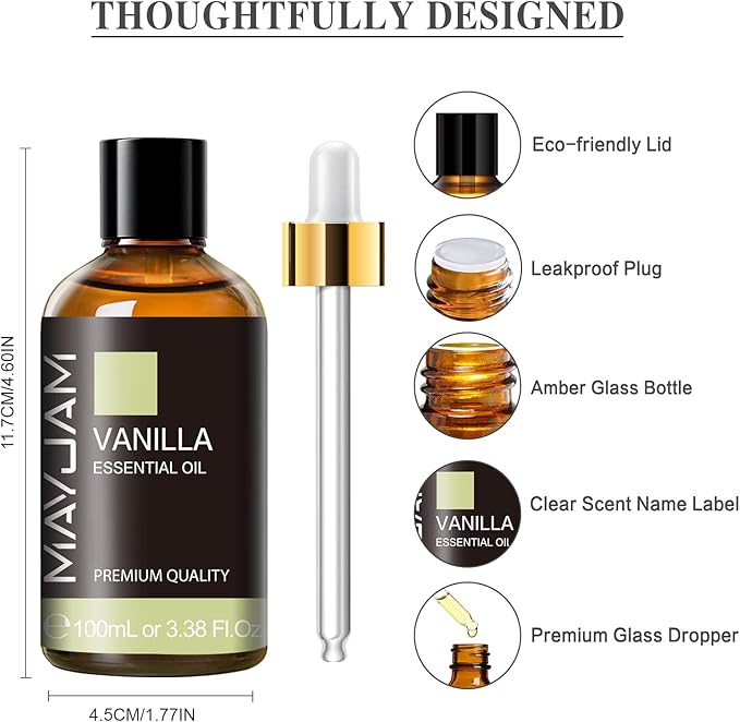 MAYJAM Vanilla Essential Oil 100ML, Pure Essential Oils for Massage, Diffusers, Vanilla Oil Fragrance Oil for Soap Candle Making (3.38FL.OZ Bottle) - Bloomnest