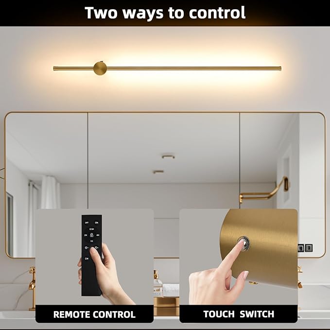 Battery Operated Wall Sconce USB Rechargeable Sconces, 39.3" Brushed Gold Wireless Wall lamp Set of 2, 3000K-6000K & Dimming with Remote Control, LED Wall Lights for Living Room, Bedroom - Bloomnest