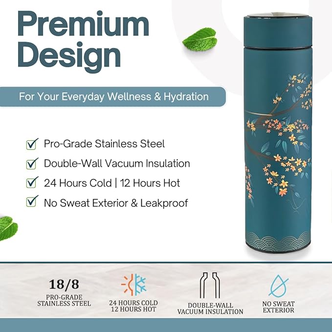 Farasi Set of Two Tea Infuser Bottle for Hot and Cold Infusions for Loose Leaf Tea Smart Water Bottle with Fahrenheit Temperature Display, Stainless Steel, Insulated Infuser Bottle - 15 oz - Bloomnest