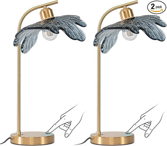 Gold Table lamp set of 2, Touch Table lamp with Blue Glass Flower Shade Mid Century Modern Lamps Bedside nightstand lamp Side Table Lamps Small Table lamp for Bedroom Living Room Office Farmhouse - Bloomnest