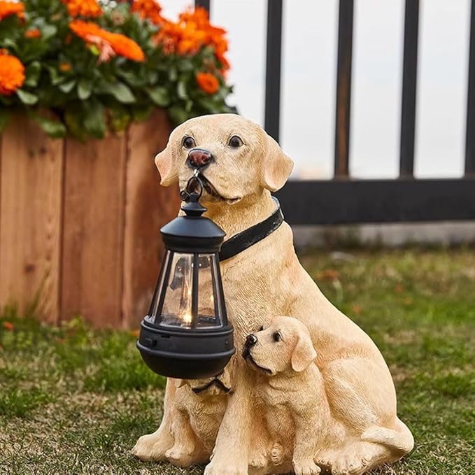Dog Statues Outdoor with Solar Lights Lantern, Resin Dog Figurines Decorations for Yard and Lawn, Housewarming Gift for Garden Home - Bloomnest