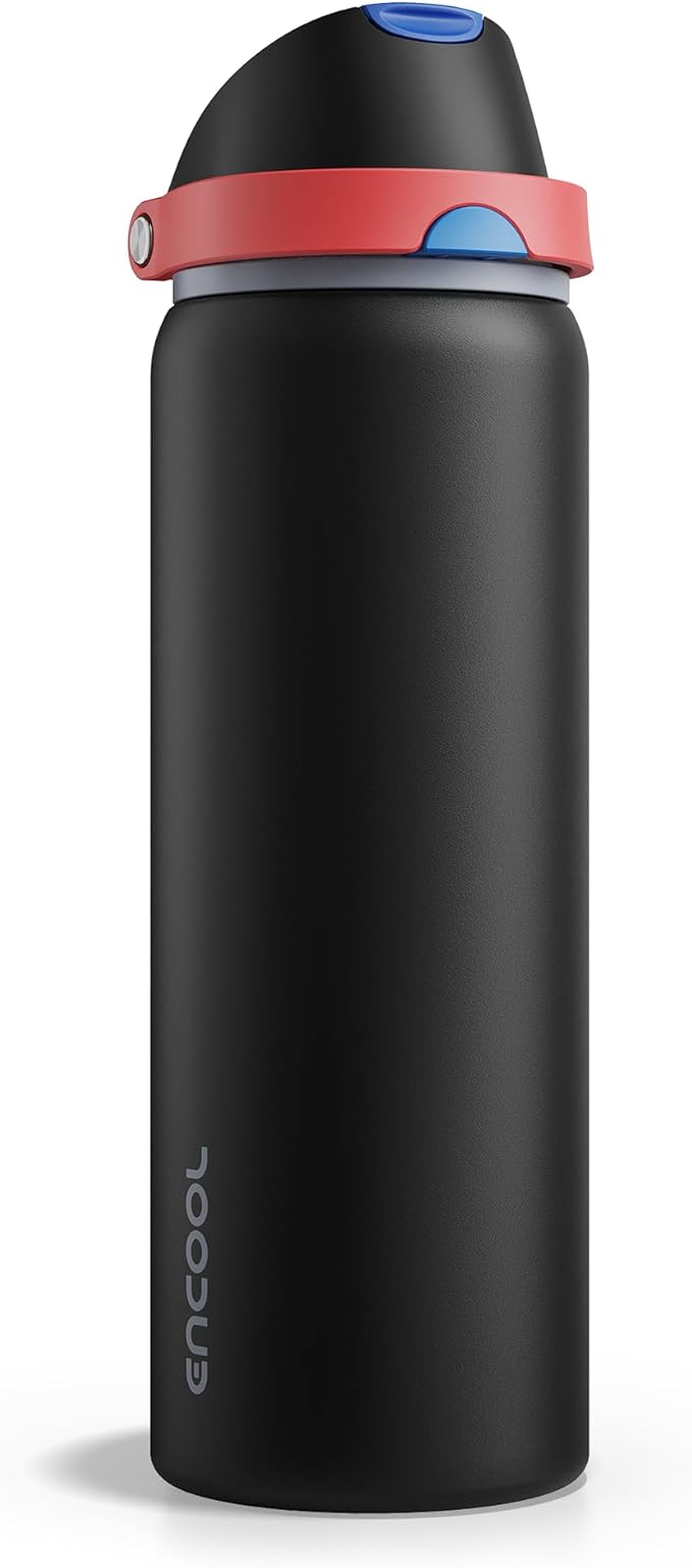 Insulated Water Bottle with Straw - Encool Stainless Steel Water Bottle with Push Button Lid, Leak-Proof & BPA-Free, Keeps Cold for 24 Hours for Sports, Travel, Gym (32 oz, Oil Black) ENCOOL
