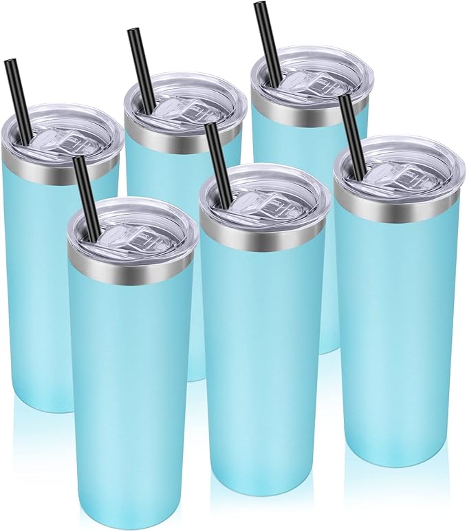 VEGOND Stainless Steel Tumblers Bulk 6 Pack, 20 oz Vacuum Insulated Skinny Tumblers with Lid and Straw, Double Wall Coffee Mug, Travel Water Cup, Blue - Bloomnest