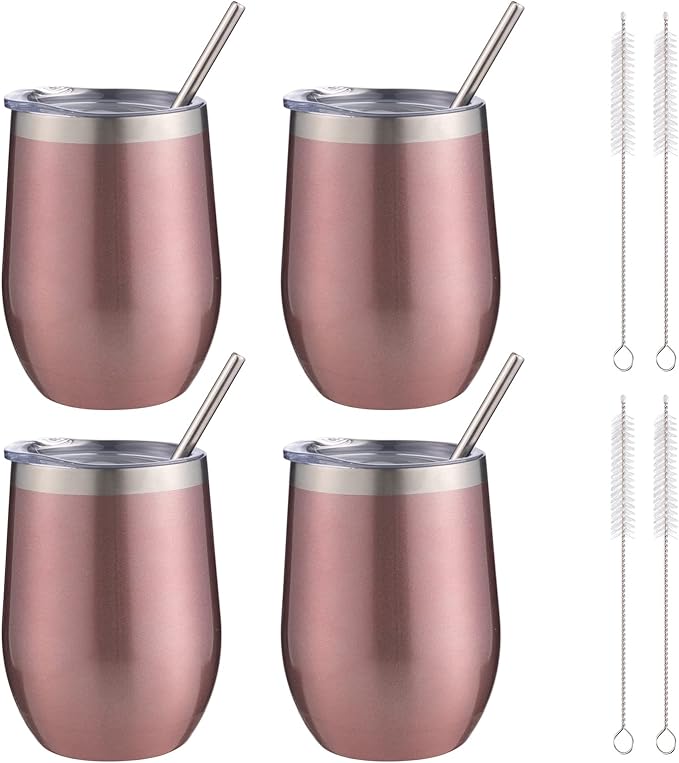 12 oz Insulated Wine Tumbler with Lid and Straw,Stainless Steel Stemless Wine Tumbler Glasses Double Wall Vacuum Wine Cups Bulk for Coffee,Champaign,Cocktail,Office(Rose Gold,4) - Bloomnest