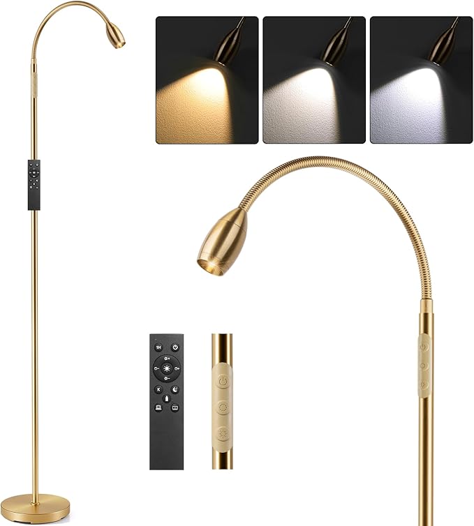 Reading Floor Lamp, 72" Tall LED Lamp with Flexible Gooseneck, Dimmable Zoomable Spotlight, Adjustable Color Beam Standing Lamp, Touch & Remote Control, Task Craft Bedroom Living Room (Antique Brass) - Bloomnest