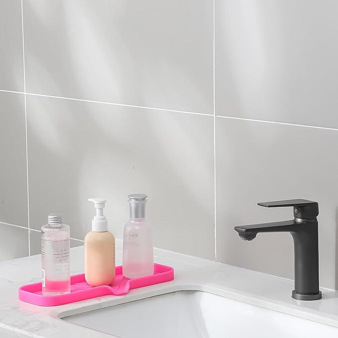 Silicone Bathroom Soap Dishes with Drain Spout-Bathroom and Kitchen Sink Organizer,Sponge Holder,Dish Soap Tray,Perfect for Dispenser,Scrubber,Bottle,Cup on Sink or Counter-Rose 12"×4" - Bloomnest