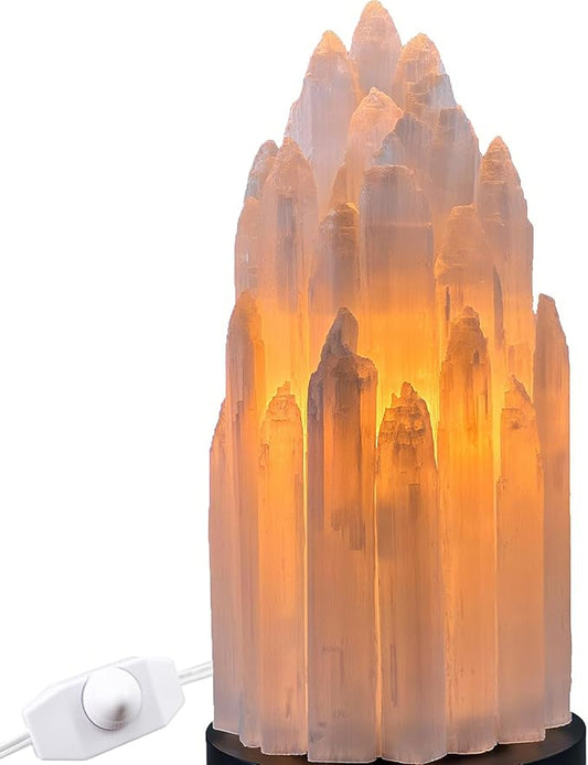 Handcrafted Selenite Lamp Salt Lamp Natural Crystal Light for Relaxation Table Lamp Salt Rock Night Light with Dimmer Switch for Bedroom, Yoga Room, Healing Meditation Decor White