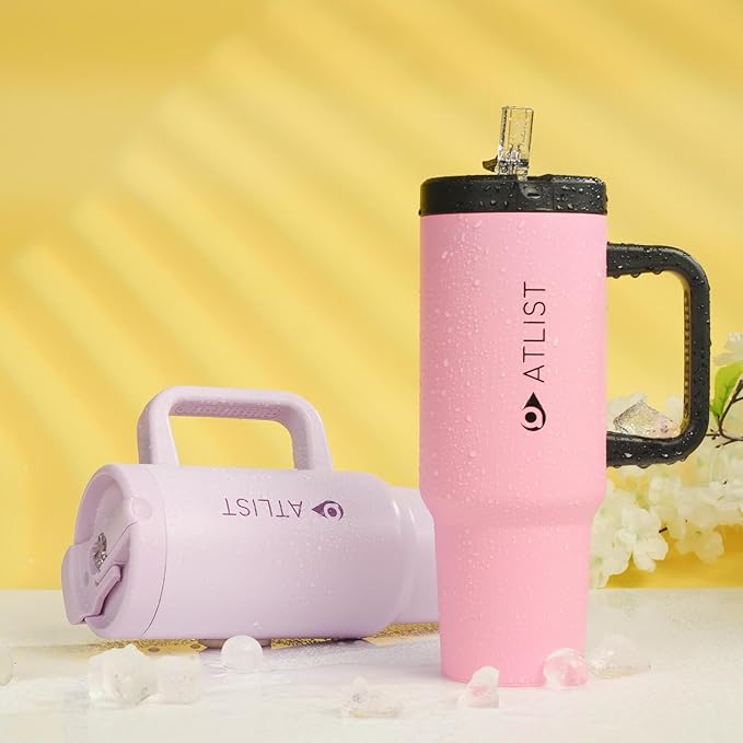 100% Leakproof 40 oz Tumbler with Handle & 4-in-1 SipSwig Lid, Built-In Flip Straw & External Stainless Steel Straw, Insulated Stainless Steel Cup, BPA-Free, Pink & Black - Bloomnest
