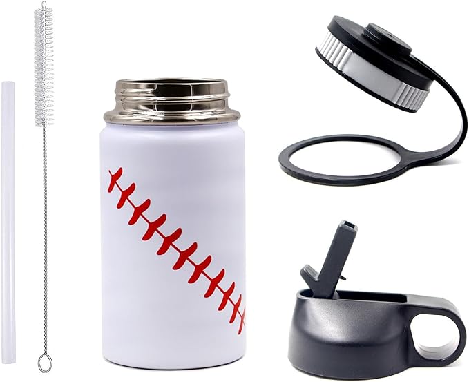 12 oz Baseball Water Bottle, Sports Flask Metal Travel Tumbler with 2 Lids, Stainless Steel Double Wall Vacuum Insulated Leak Proof Thermo Water Bottles, Baseball Accessories Gifts for Mom Boys Girls - Bloomnest