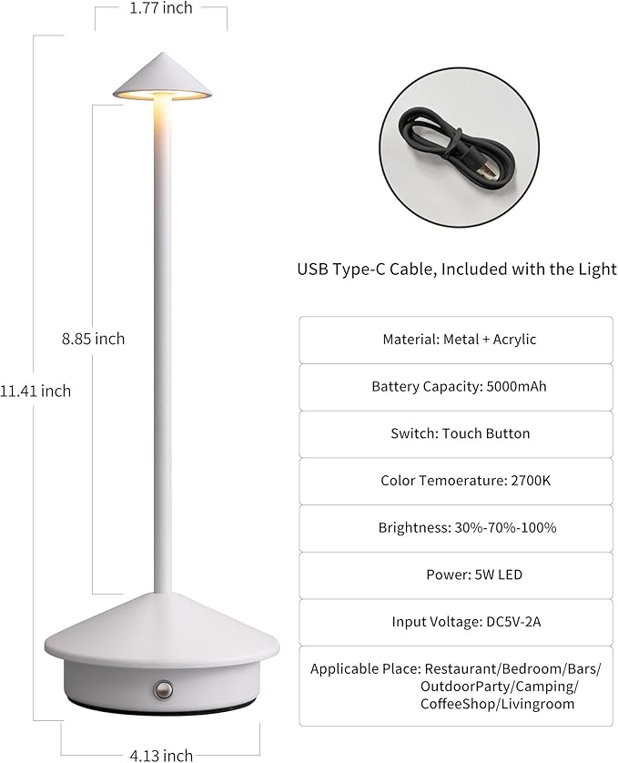 Modern Cordless Table Lamp Set of 2, Portable LED Desk Lamps, 5000mAh Rechargeable Battery Operated Lighting for Bedroom Dining Room Restaurant Coffee Shop Camping Night Light (White) - Bloomnest