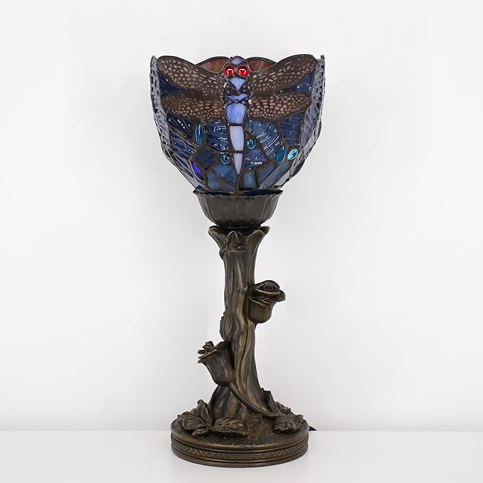 Small Tiffany Lamp Mini Stained Glass Table Lamp Blue Dragonfly Accent Desk Uplight W6 H13.5 Inch Bronze Resin Base - Bloomnest