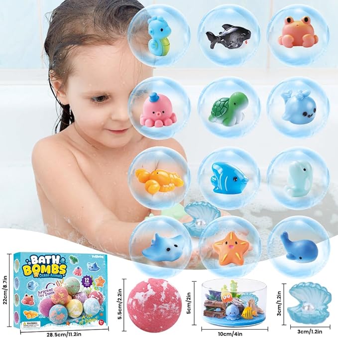 12Pack Ocean Animals Bath Bombs for Kids with Toys Surprised Inside, Organic Natural Bubble Bath Fizzy More Decorations for DIY Fish Tank Birthday Ideal Set for Girls Boys Toddlers - Bloomnest