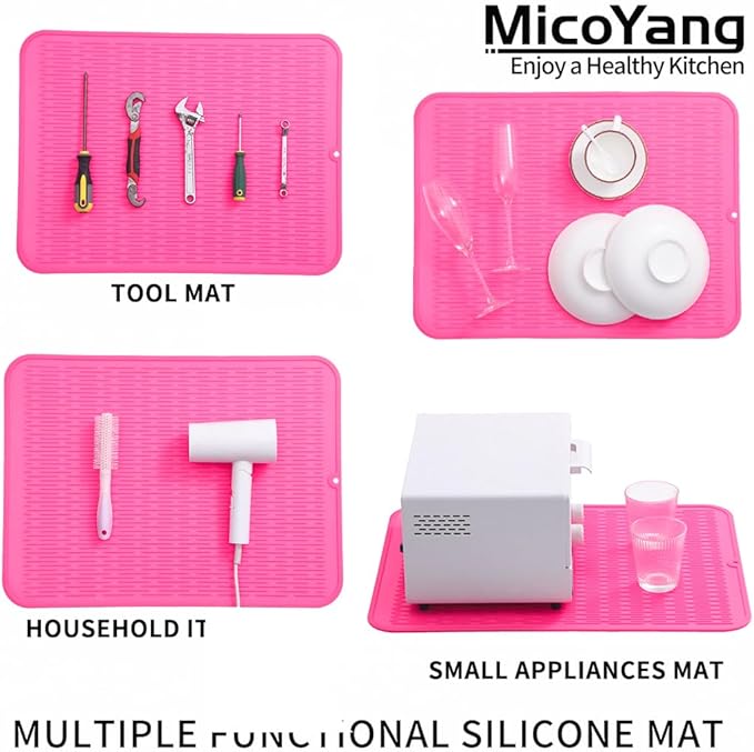 Silicone Dish Drying Mat for Multiple Usage,Easy clean,Eco-friendly,Heat-resistant Silicone Mat for Kitchen Counter or Sink,Refrigerator or Drawer Liner Rose 2XL 24 inches x 18 inches - Bloomnest