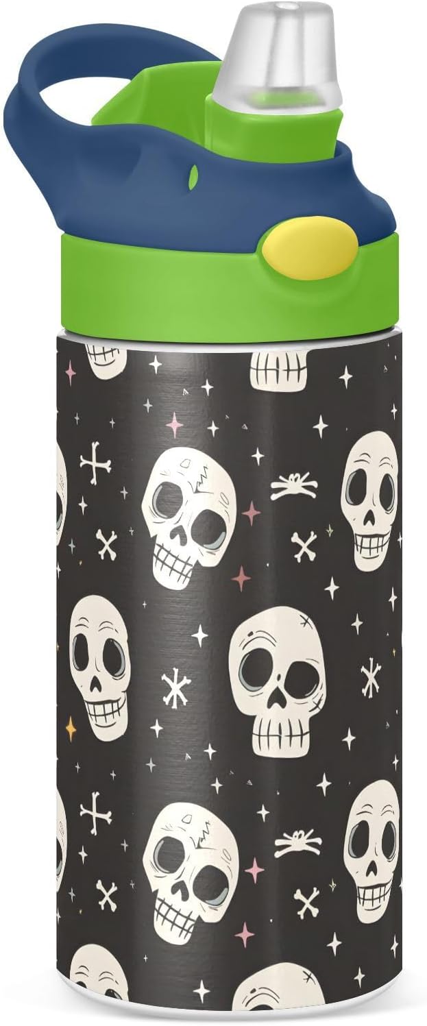 Human Skeleton Funny Skull Kids Water Bottle with Straw Lid Insulated Tumbler with Handle Stainless Steel Reusable Toddlers Cup for Kids Boys 12 oz - Bloomnest