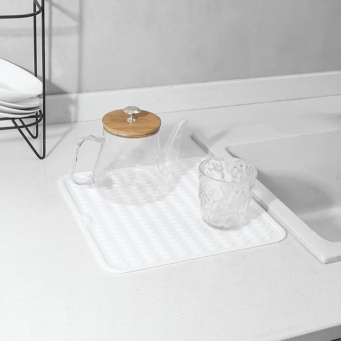 Silicone Dish Drying Mat for Multiple Usage,Easy clean,Eco-friendly,Heat-resistant Silicone Mat for Kitchen Counter or Sink,Refrigerator or Drawer liner White M 12 inches x 12 inches - Bloomnest