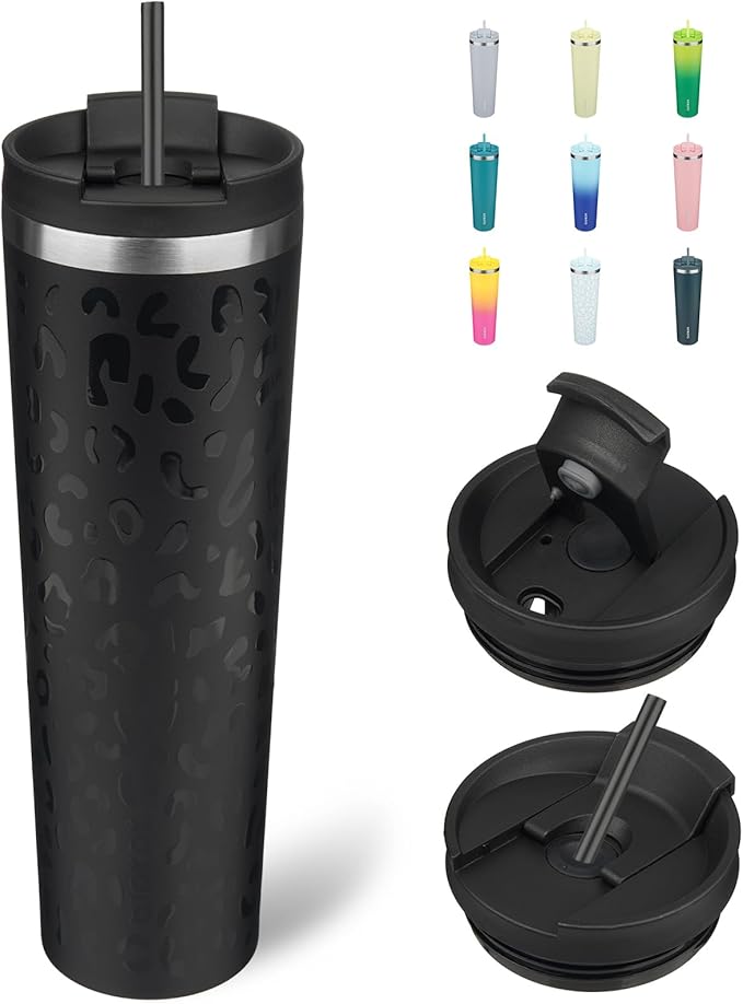 BJPKPK 34oz Insulated Tumbler With lid And Straw Stainless Steel Tumblers Travel Coffee Mug Reusable Thermal Cup,Black Leopard - Bloomnest
