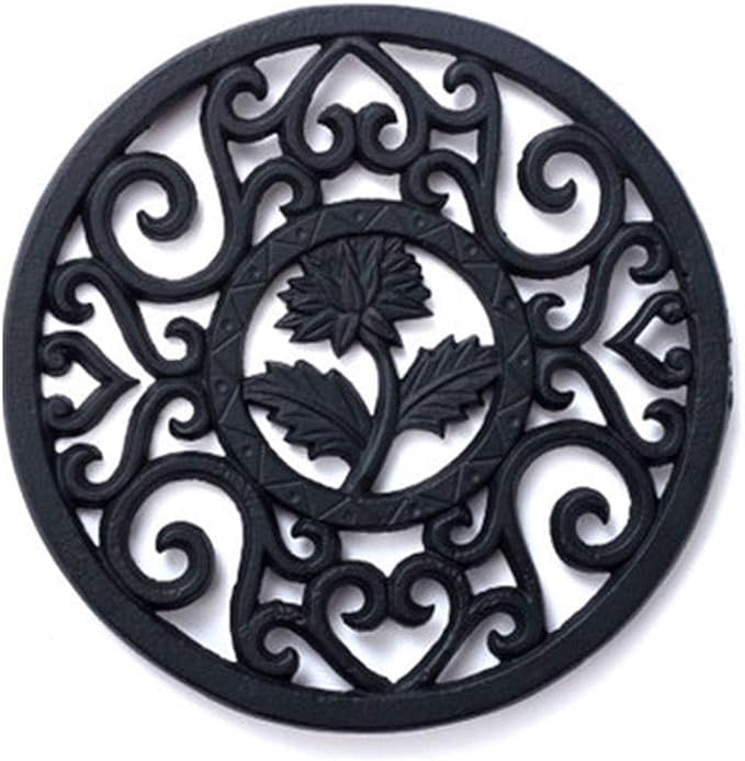 HwaGui Japanese Cast Iron Trivets Round Trivet with Rubber Pegs for Kitchen Teapot Stand Insulated Pot Mat to Protect The Desktop, 13.5 cm (5 Inch) - Black