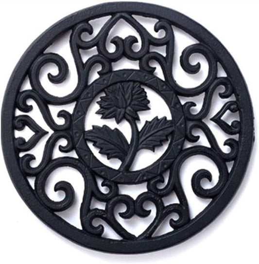 HwaGui Japanese Cast Iron Trivets Round Trivet with Rubber Pegs for Kitchen Teapot Stand Insulated Pot Mat to Protect The Desktop, 13.5 cm (5 Inch) - Black