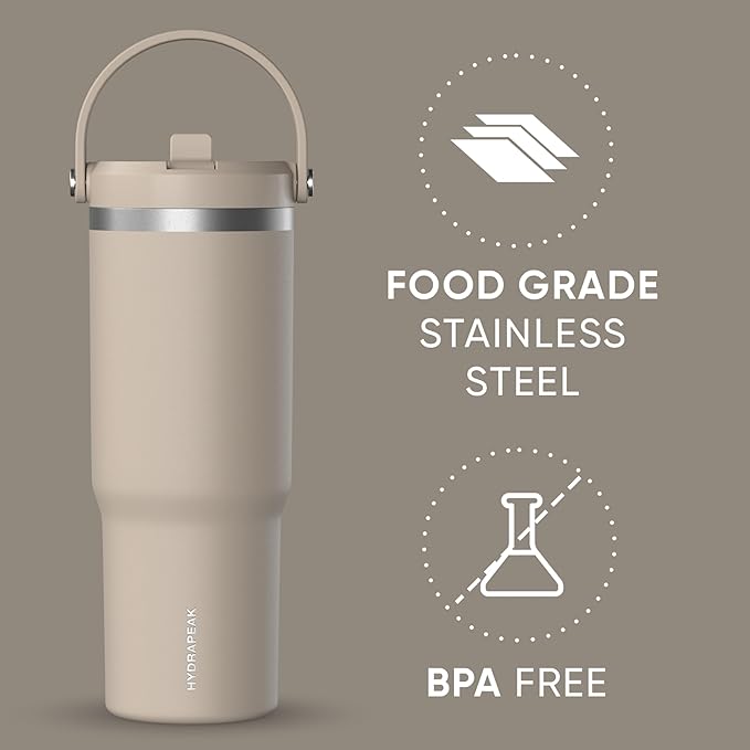 Hydrapeak Nomad 32 oz Tumbler with Handle and Straw Lid, Leakproof, Double Insulated, 32oz Cup Stainless Steel (ST-Latte) - Bloomnest