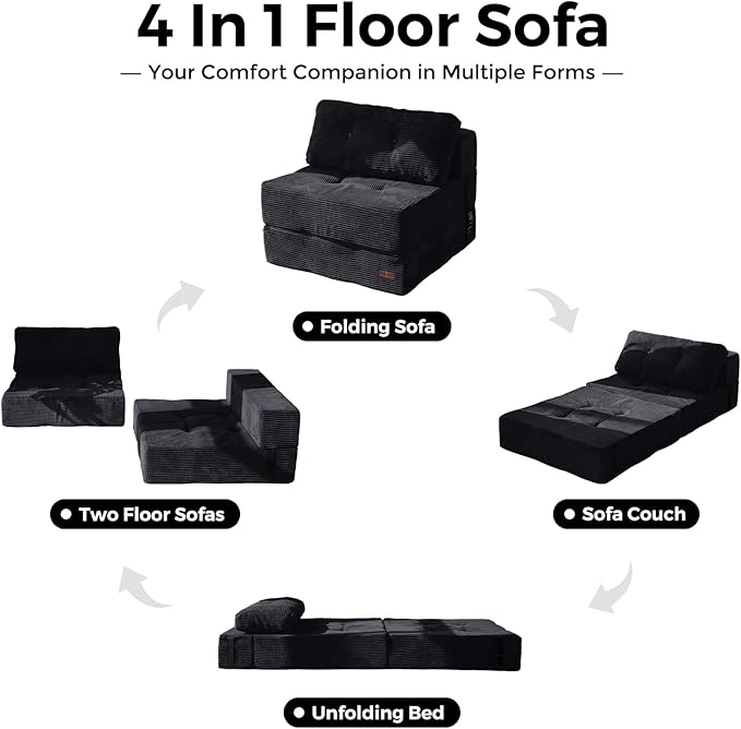 MAXYOYO Folding Sofa Bed, Convertible Sofa Bed with High-Density Support Foam, Portable 4 in 1 Fold Out Chair to Floor Lounger, Versatile Floor Couch for Living Room Bedroom, Black - Bloomnest