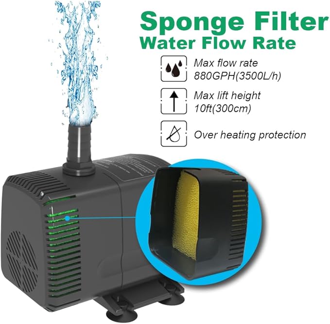 Submersible Pump 880GPH (3500L/H 60W) Ultra Quiet with Over Heating Protection 10.2ft High Lift for Fountains, Hydroponics, Ponds, Aquariums & More… - Bloomnest