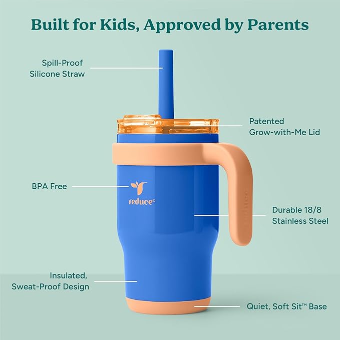 REDUCE 14 Oz Coldee Kids Tumbler with Lid and Straw - Coldee Insulated Travel Mug - Spill-Proof, Sweatproof Stainless Steel, BPA-Free - Includes Handle, Reusable Silicone Straw - Touchdown Blue - Bloomnest