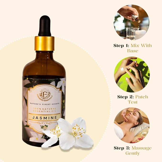 Luxurious Jasmine Essential Oil by Enhanced Essentials| Slow Distilled & Exotic| for Home,Diffusers,Skin & Hair Care,Aromatherapy,Bath,Perfume,Soap & Candle Making|with Glass Dropper|100 ml - Bloomnest