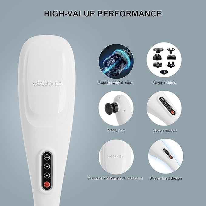 MEGAWISE Cordless Handheld Back Massager w/Rechargeable 3200mAh Battery, 5 Speed and 5 +2 Massage Nodes with Hard, Medium and 2 Soft Silicone Nodes; Massage While Moving Around (Pearl White) - Bloomnest