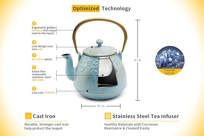 Tea Kettle, TOPTIER Japanese Cast Iron Tea Kettle with Infuser for Loose Leaf and Tea Bags, Stovetop Safe Cast Iron Teapot Coated with Enameled Interior for 40 oz (1200 ml), Turquoise Blue - Bloomnest