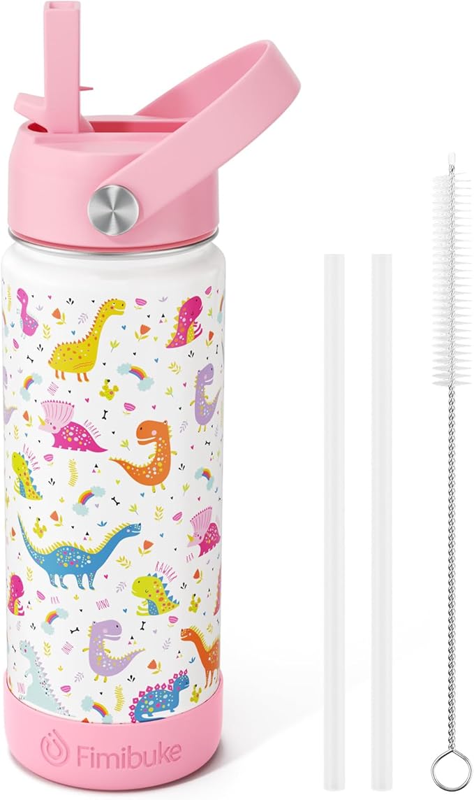 Fimibuke Kids Insulated Water Bottle, 18oz BPA FREE 18/8 Stainless Steel Kid Cup with Straw Travel Tumbler Double Wall Vacuum Leak Proof Toddler Water Bottle for School Boy Girl(1 Pack,White Dinosaur) - Bloomnest