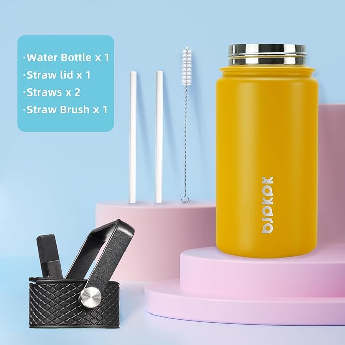 BJPKPK Water Bottle with Straw Lid, 15 oz Insulated Water Bottle, Stainless Steel Metal Water Bottles, Reusable Leak Proof BPA Free Thermo, Flask, Cups,Macaron-Orange - Bloomnest