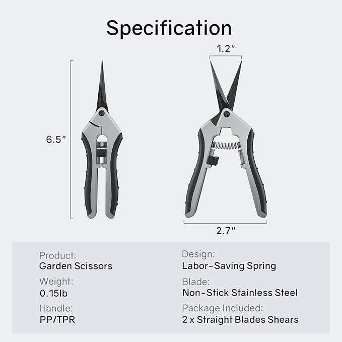 6.5" Ultra Sharp Pruning Shears - Professional Garden Scissors with Straight Stainless Steel Blades, Ergonomic Handle, Rust Resistant, Safety Lock, Trimming Scissors for Plants in Grow Tents, 2-Pack - Bloomnest