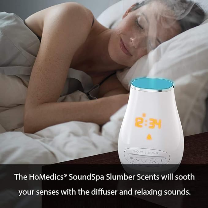 Slumber Scents Alarm Clock, Essential Oil Diffuser & White Noise Machine 6 Soothing Sounds, LED Lights, Auto-Off Timer, Bluetooth Bonus- 3 Essential Oils, Aromatherapy SoundSpa HoMedics - Bloomnest