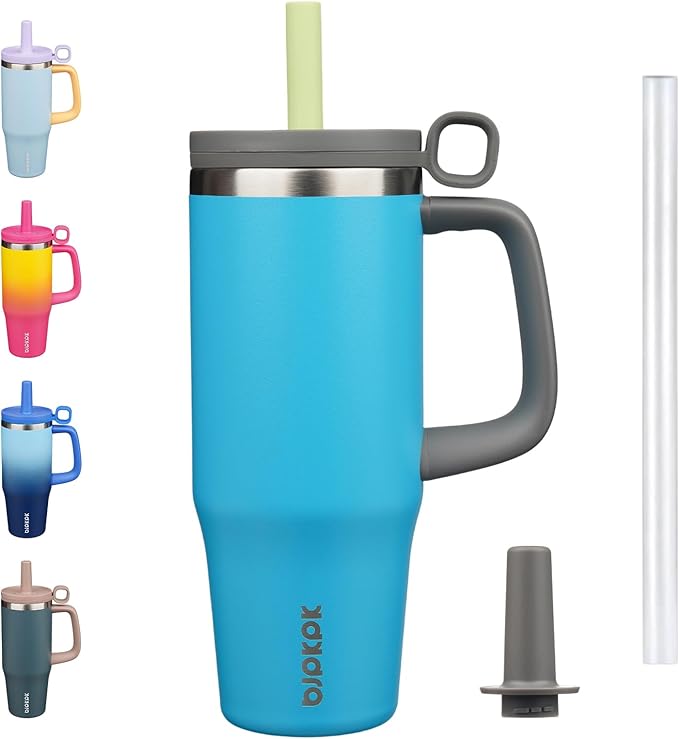 BJPKPK 32oz Stainless Steel Insulated Tumbler with Handle and Straw Travel Coffee Mug Thermal Cups with Lid,Reef Blue - Bloomnest