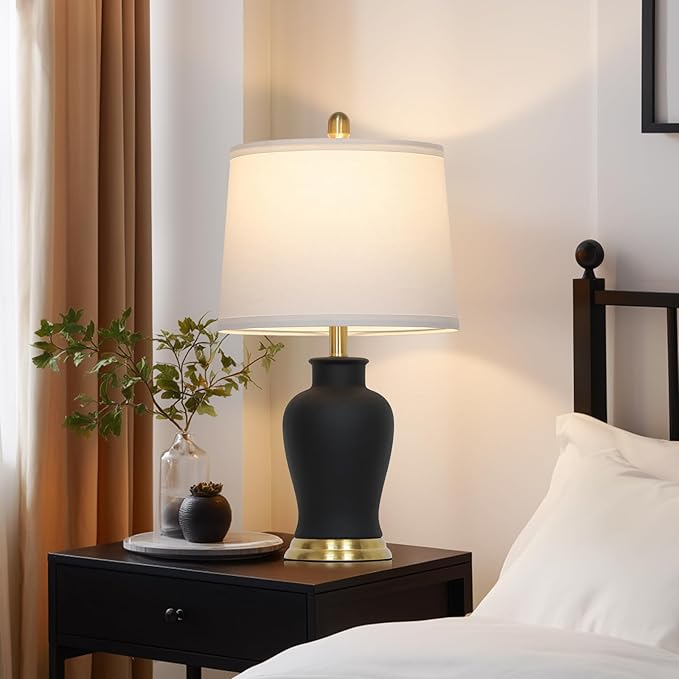 23" Modern Black Ceramic Table Lamps Set of 2, Farmhouse Table Lamps for Living Room, Classic Bedside Lamp with Ginger Jar Design, Elegant Bedroom Lamp for Night stand Desk Side End Table Home Decor - Bloomnest