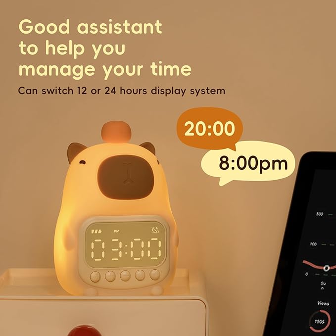 Capybara Alarm Clock with Night Light for Kids, Cute Toddler Alarm Clocks for Bedrooms Ok to Wake Clocks for Girls and Boys, Silicone Animal Tabletop Lamp for Kid, RGB Color - Bloomnest