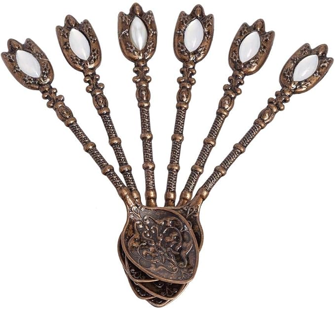 Alisveristime Handmade Turkish Tea Glass Set - Traditional Turkish Motifs, Set of 6 with Lids and Bonus Tea Spoons (Copper)